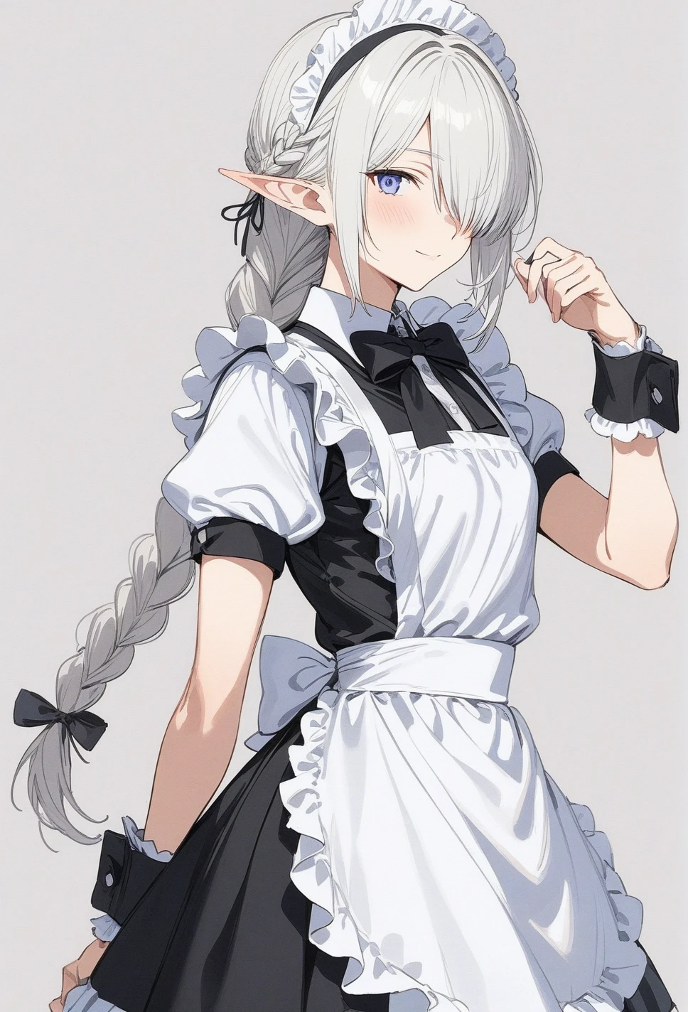 masterpiece, best quality, pointy ears, solo, blue eyes, elezen, crossdressing, elf, apron, hair over one eye, long hair, wrist cuffs, braid, white hair, maid, 1boy, looking at viewer, short sleeves, simple background, smile, waist apron, alternate costume, male focus, puffy sleeves, bow, arm behind back, grey background, puffy short sleeves, dress, single braid, ribbon, enmaided, black dress, 1girl, one eye covered, blush, shirt, hand up, maid apron, white shirt, male maid, bowtie, frills, cowboy shot