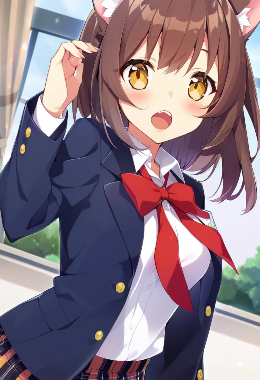 one girl, cat ears, school blazer, naive, plaid skirt