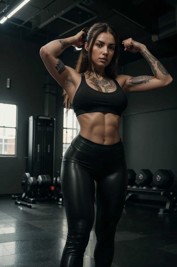 Best Quality,Masterpiece,Ultra High Resolution,(Realisticity:1.4),Original Photo,Cinematic Lighting, 1girl, solo, fitness girl in the gym, doing physical exercise, training legs, Hot Body, ABS, tattooed, wearing leggings, black clothes, fit body, heavy metal art style, gym background. realistic, datailed, detailed face, 4K.