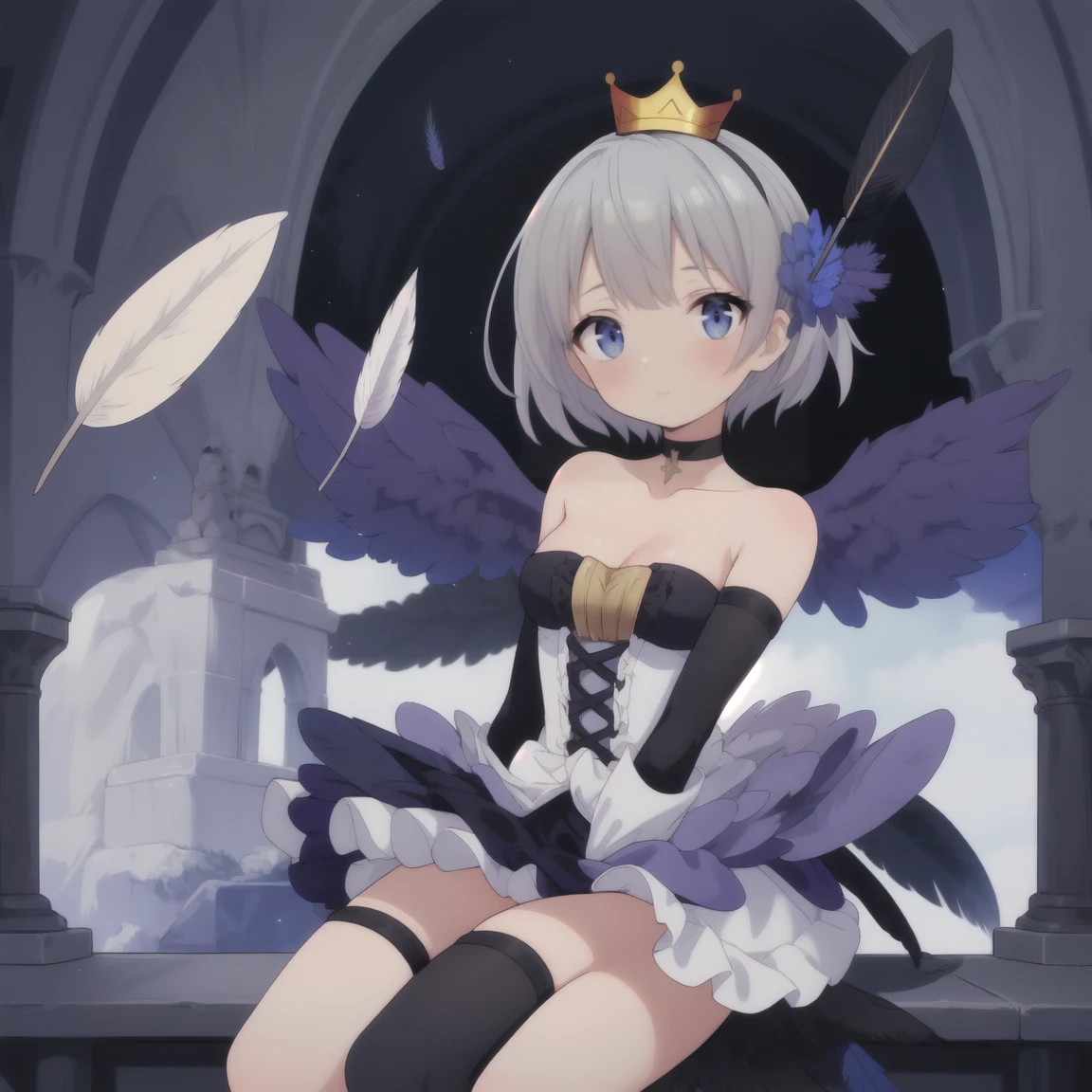 (masterpiece, Highest quality)
Odin Sphere Gwendolyn, One girl, alone, short hair, blue eyes, hair ornaments, Knee socks, dress, Bare shoulders, Purple eyes, arms, Gray Hair, Grey Hair, Removable sleeves, wing, choker, armor, Strapless, (feather:1.44), Crown, Extremely skilled, Strapless dress, gun, armored dress, low wing, multicolored wing  