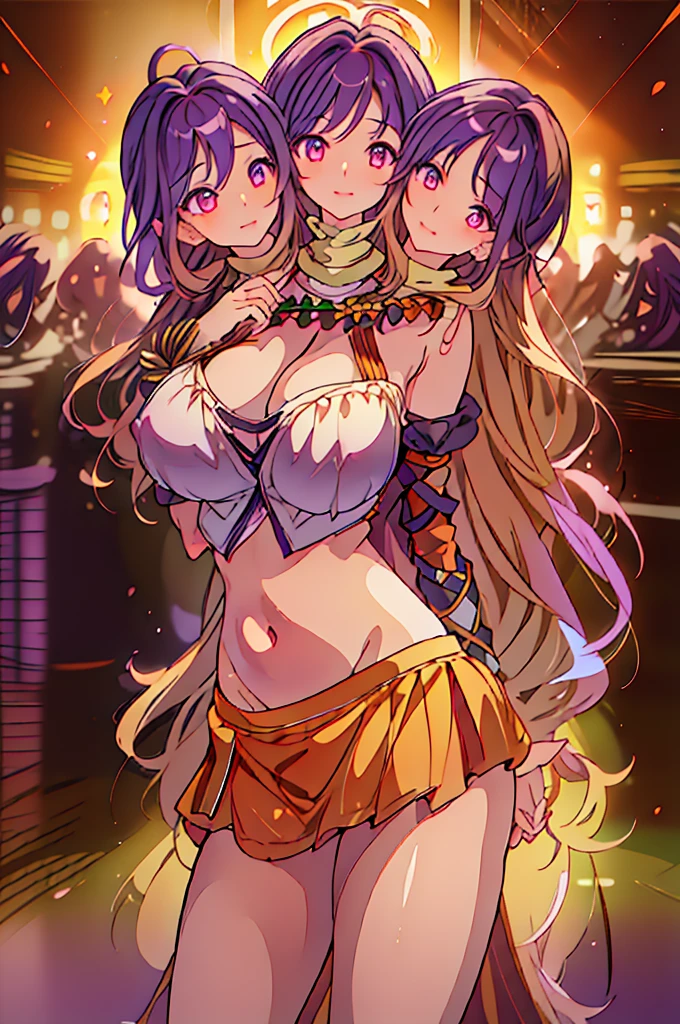 (masterpiece, best quality), best quality, (ultra-detailed), (3heads:1.5), 1girl, (byakuren hijiri:1.3), masterpiece, best quality, ultra quality, ultra resolution, ultra detail, black and white top, crop top, ((stomach)), midriff, ((groin)), black and white skirt, normal ears, shackles, light brown hair that fades to purple at the top, very long hair, wavy hair, sidelocks, hazel eyes, ((very detailed eyes)), parted lips, open belly, smiling, soft smile. very cute, toned belly, hand on own chest, eyelashes, (25 year old woman:1.3), (masterpiece:1.5), (best quality:1.5), (beautiful detailed), extremely detailed CG, extremely delicate and beautiful, depth of field, (finely detailed face), (perfect details:1.2), (mature female:1.3), wide pelvis, slender, large veiny breast, 16k resolution, highres, very high quality, very high definition, extremely detailed, masterpiece, light brown hair that fades to purple at the top hair, long hair, alluring presence, braid, short skirt, close up, very big tits, huge tits, young, nsfw,