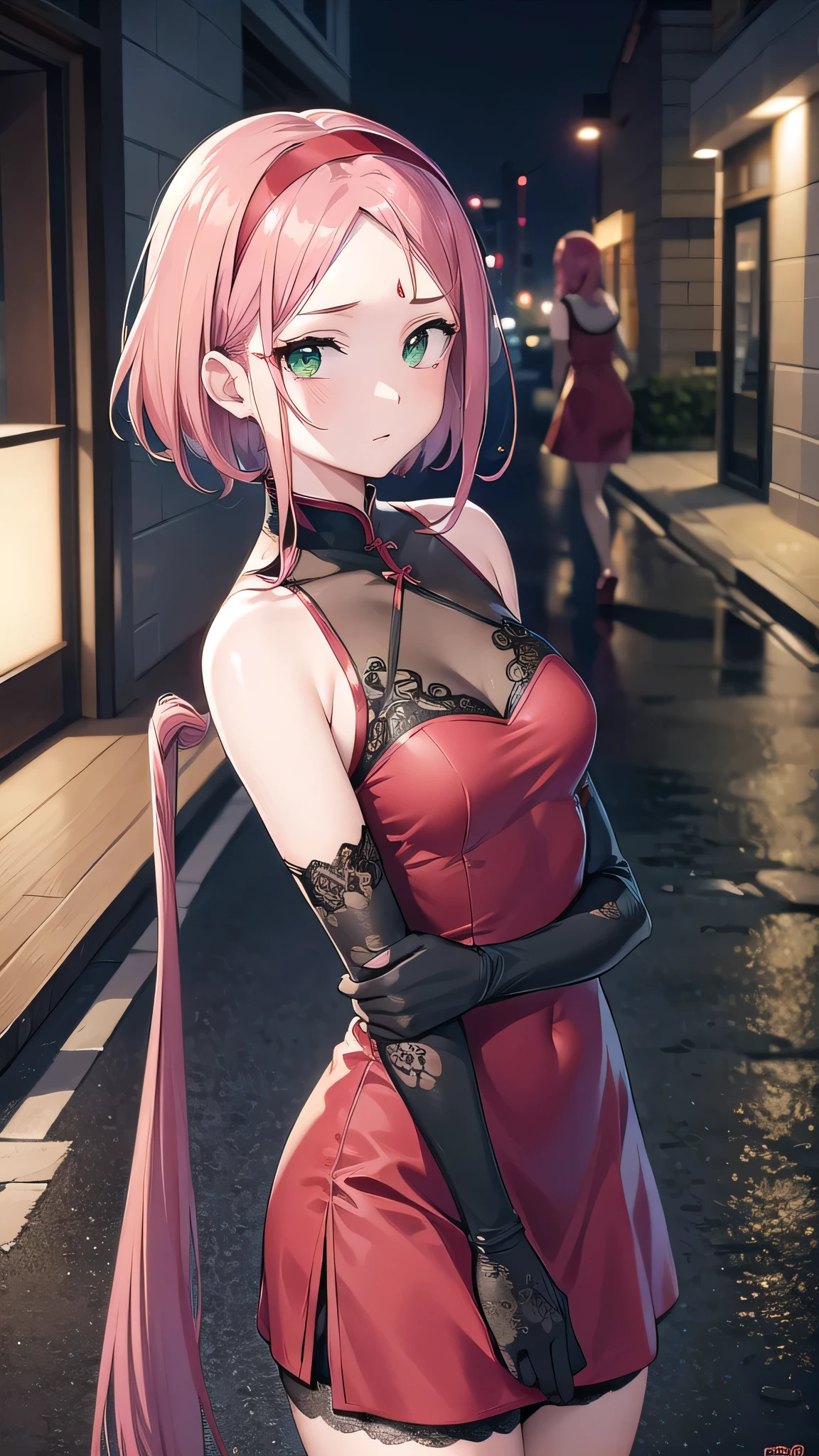 sakuraharuno, sakura haruno, short hair, bangs, (green eyes:1.5), pink hair, hairband, facial mark, (forehead mark:1.2), red hairband, (swept bangs:1.5), (small breast:1.2),
BREAK chinese clothes, dress, (red dress:1.2), short skirt, black shorts, gloves, lace gloves, sleeveless,
BREAK looking at viewer,BREAK indoors, city,on street, wet road, night, lights,reflections,BREAK (masterpiece:1.2), best quality, high resolution, unity 8k wallpaper, (illustration:0.8), (beautiful detailed eyes:1.6), extremely detailed face, perfect lighting, extremely detailed CG, (perfect hands, perfect anatomy),stockings,long legs,thighs,medium breast,cleavege,lace bra,upper body shot.