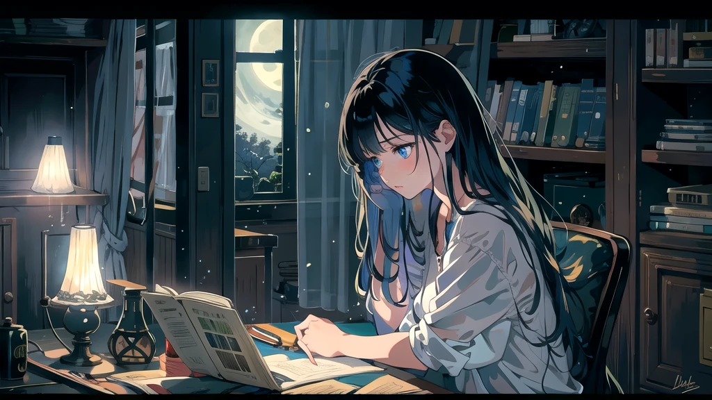 Create an illustration of a girl with black hair and blue eyes, sitting in a chair in front of a desk, Sentimental, Introspective look。, The moonlight gently shines into the room, Gently illuminate the space, Curtains sway in the wind, Increase tranquility, Dark mood, Emphasise the theme of loneliness, silence, And the depths of night, The room is dark、dimly lit by the moonlight
