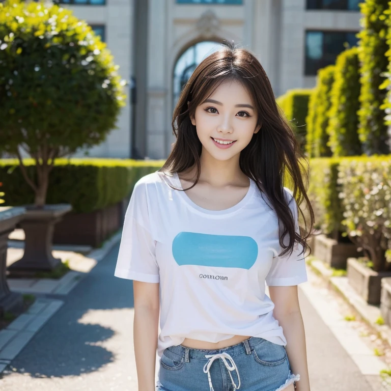 a beautiful japanese woman, long black hair, detailed face, beautiful eyes, nose, lips, perfect skin, natural smile, model body type, standing full body shot, ((Oversized white graphic t-shirt, pastel blue cotton shorts, fluffy slippers)), (best quality,4K,8K,highres,masterpiece:1.2), in the romm:1.2, ultra-detailed,(realistic,photorealistic,photo-realistic:1.37),portraits,clean and neat atmosphere,natural lighting,vibrant colors,elegant,graceful,Serene