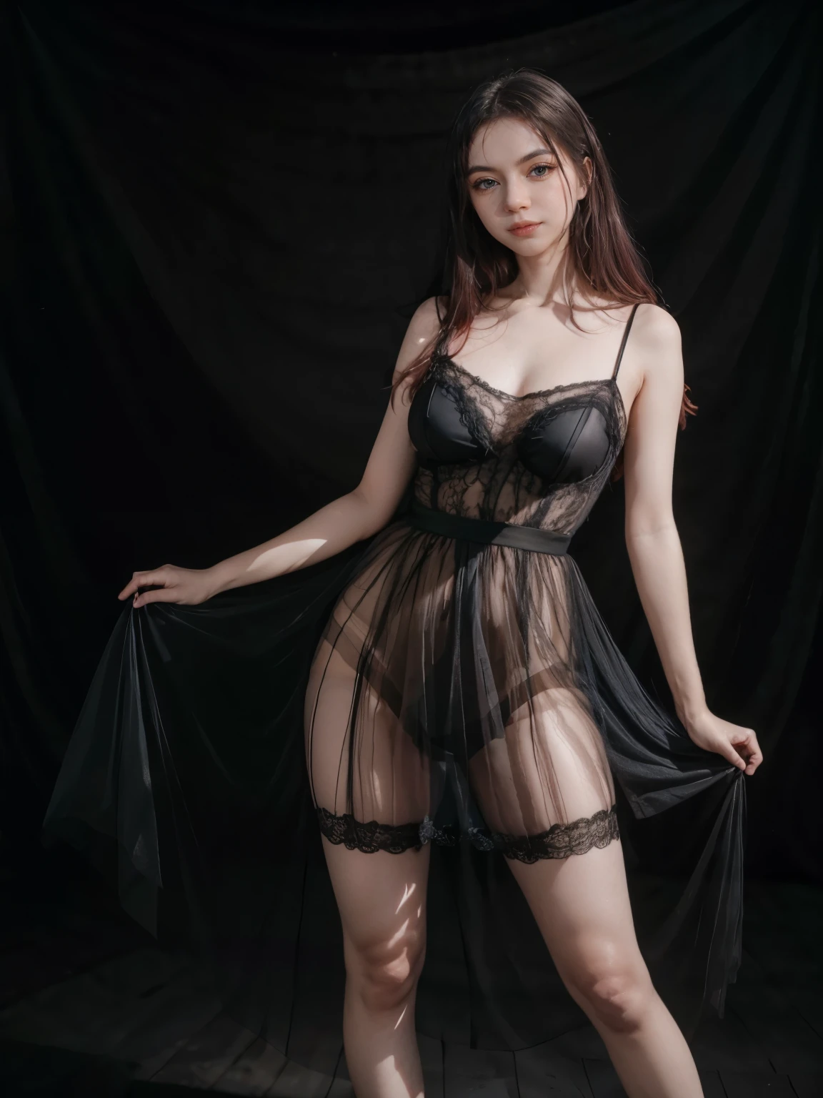 A short slim and sexy woman dressed in an outfit made of transparent tule posing for photos On a professional studio minimal black Grey with soft gradient vignette background, softly side-lit skin, Long and thin dress in sexy layers shaping to the body and curves, kitten eye makeup, kitten deleneador in the corner of the eyes, very long kitten deleneador in the corner of the eyes, black tulle fabric gloves, knee-high tulle fabric stockings, she has small round and pointed breasts, a thin waist, wide hips, very beautiful, tanned skin with sissy, her skin is visible underneath the transparent tule clothing. Tule dress, Tulle see-through dress, just dressed in a tule dress and nothing else. 1 solo, Style: portrait, blurred background f1.2, full HD resolution, 8k, Dark vignette at the edges, cinematic effect with soft shadows and light and shadow curve at -10, best quality, professional realistic, detailed eye, double eyelid, brighten skin, real hair, realistic skin texture, Masterpiece texture, realistic clothing texture, perfect face and body, Never show hands, hidden hands, blurred hands.