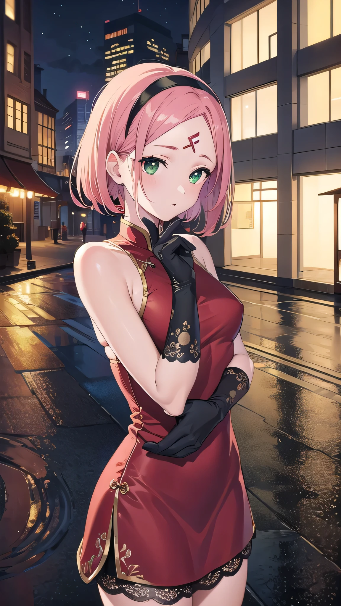 sakuraharuno, sakura haruno, short hair, (green eyes:1.5), pink hair, headband, hair intakes, forehead protector, parted bangs, (medium breast:1.4),
BREAK shirt,lace gloves,chinese dress,sleeveless, black gloves, red dress,lace bra, cleavege,stockings,
BREAK looking at viewer,
BREAK outdoors, city, night, in street, wet road, lights, reflections,
BREAK (masterpiece:1.2), best quality, high resolution, unity 8k wallpaper, (illustration:0.8), (beautiful detailed eyes:1.6), extremely detailed face, perfect lighting, extremely detailed CG, (perfect hands, perfect anatomy), shot from behind, long legs.