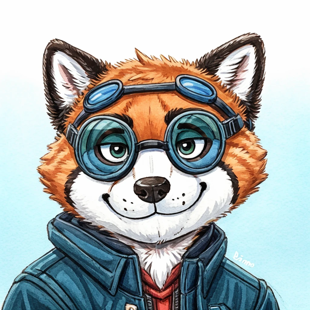 headshot of a anthropomorphic raccoon, closed smile, he has a round type of reading googles, a black with white laces jacket, animal crossing style, high quality furry art, high quality fursona ref.