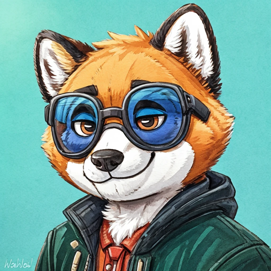 headshot of a anthropomorphic raccoon, closed smile, he has a round type of reading googles, a black with white laces jacket, animal crossing style, high quality furry art, high quality fursona ref.