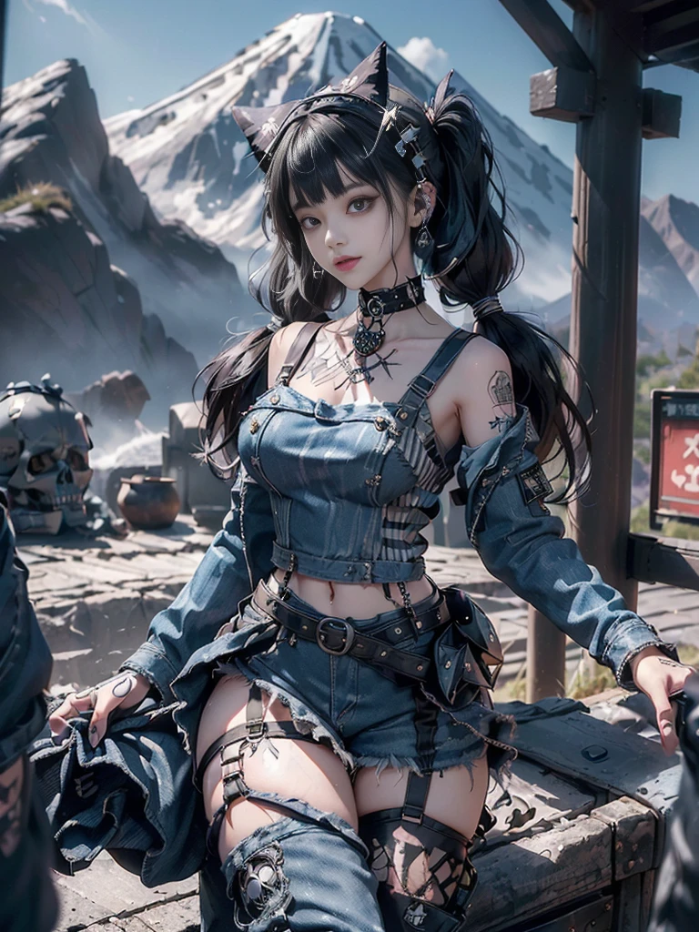 (Full Body View:1.3)、(Beautiful lips and nose:1.4)、(Long eyelashes:1.4)、(Side view:1.1)、(Smiling with teeth showing:1.3),(Shibuya Gal:1.5)、(Gothic Lolita delicately decorated dress:1.5)、(Tattered denim and black punk rock cargo pants:1.5)、(Denim and black navy skull mark small jacket:1.4)、(denim garter belt:1.5)、(Black and denim knee socks:1.3)、(Skull Silver Accessories:1.5)、(Denim collar:1.3)、(Brown Skin Belt:1.4)、(Brown boots:1.2)、(The underwear is striped:1.4)、31 years old、((Highest quality、In 8K、masterpiece:1.3))、Sharp focus:1.2、(Layered Cut、Huge boobs:1.1),Beautiful woman with perfect figure:1.4、(Dancing vigorously:1.3)、Slender Abs:1.2、Highly detailed face and skin texture、Detailed eyes、double eyelid,(Twin tails:1.3)、(Black brown hair:1.3)、Gravure idol、(The background is a vast mountain with a clear view々Beautiful luxury resort destination in Europe:1.3)、(Slim body:1.2),(Make your legs thinner:1.4),(clavicle:1.1)