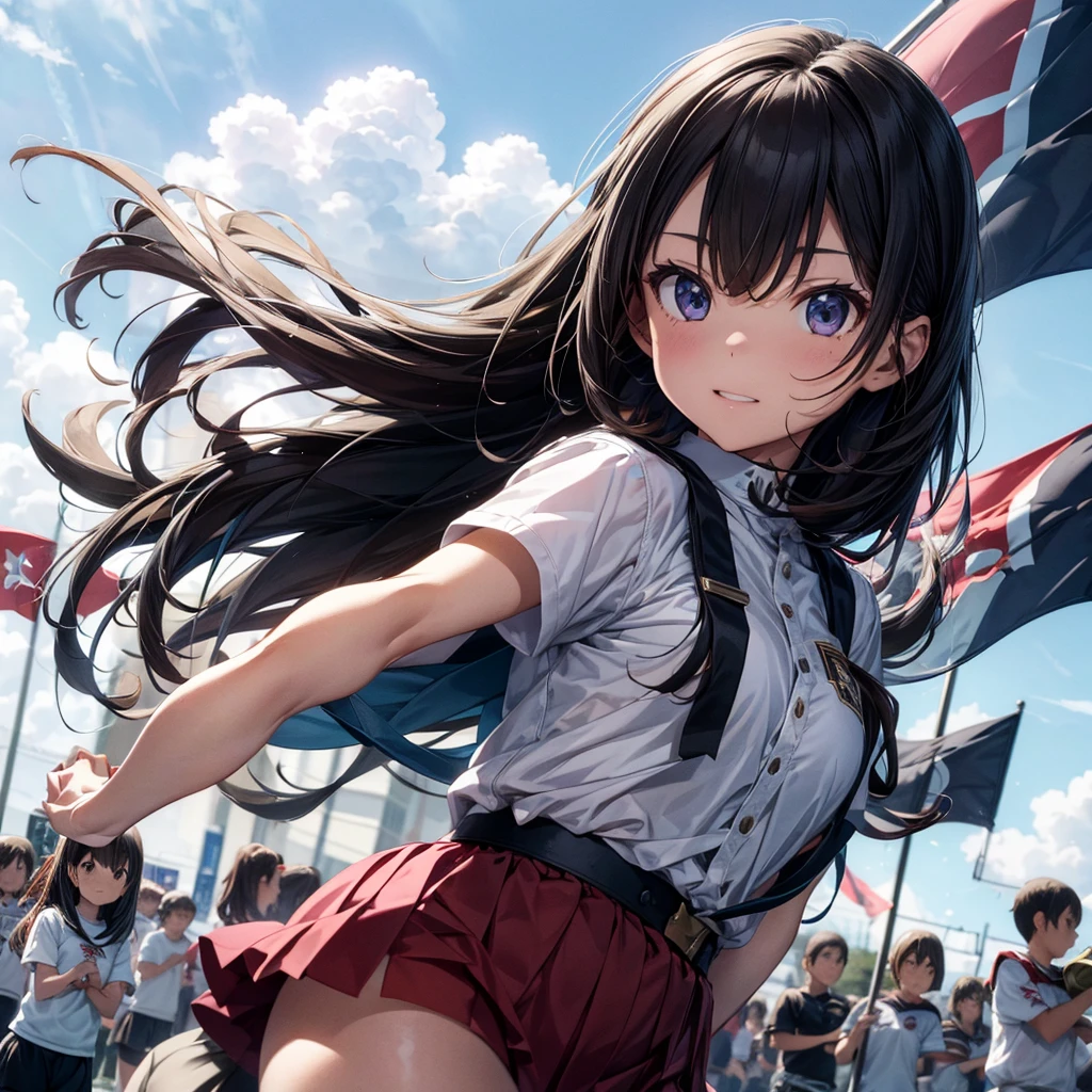 A beautiful girl skillfully manipulates the marching band flags、