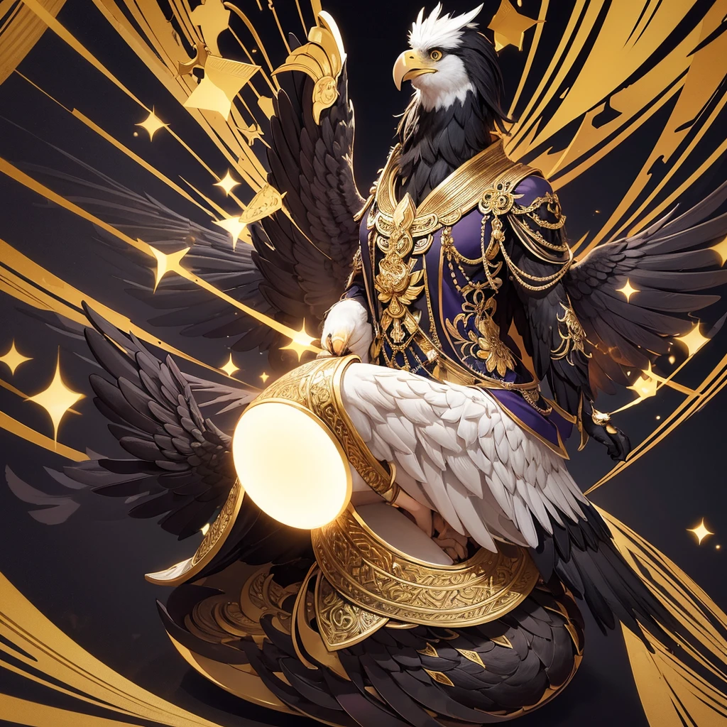 พญาอินทรีย์ทอง ประดับเพชร Full-body picture of an eagle bird, spreading its wings in gold, dark purple, black onyx, and white. Sparkling Thai art set decorated with black, gold, and white. Sitting on one knee, very cool. Decorated with a beautiful and very intricate CG Thai Kranok art pattern. Beautiful details. Image clarity is very high. Smoke background from explosion on base, black background, high contrast, high contrast