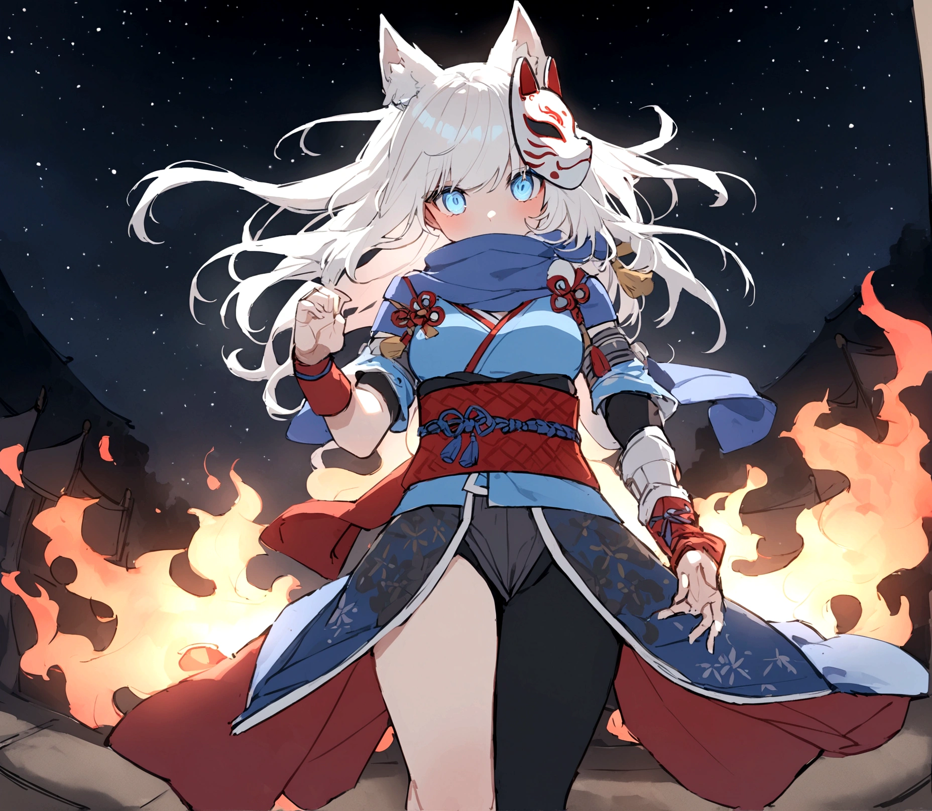 Burning flame background、gauntlet、Burning Fire、Staring at me through dark sunglasseasterpiece, best quality:1.2), 1girl, 独奏,Wolf girl, fox mask, ninja, girl, long white hair, odd eyes, blue kimono, ninja girl, red and blue scarf,Dancing fire backlighting, light coming in, fantastic atmosphere.night、Shadows of light and darkness、Eyes glowing in the dark、Black fox mask、Fisheye Lens、Expansive starry sky、long hair that spreads、Aside exposure