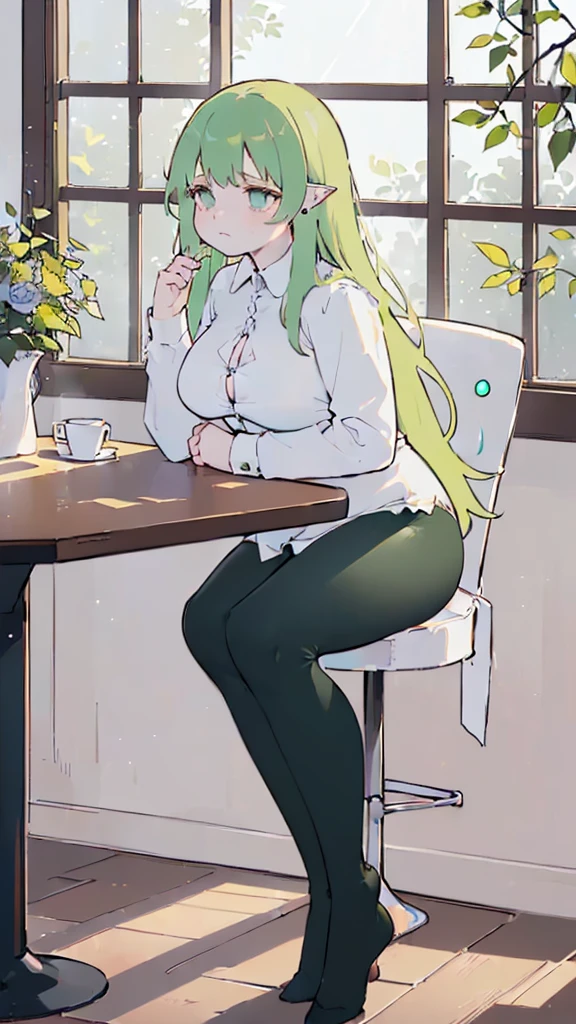 (flat:1.5),(cafe, window, sunlight, table, chair, sedentary:1.5) (BIG ASS, thick thighs:0.7), (warm light source:1.2), intricate details, volumetric lighting, Realism BREAK(masterpiece:1.2), (top quality), 4K, ultra detail, (Dynamic configuration:1.4), Very detailed and colorful details,(rainbow colors:1.2), (shining lights, atmospheric lighting), dreamy, magical, (alone:1.2), intricate details, cheeky expression, (big breasts:1.5), (green eyes:1.5), (a devastated expression, dead eyes, dark atmosphere:1.5), (Green long hair:1.5), (Black leggings, dress shirt:1.5), (chubby, Belly Fat:1.1), (beautiful eyes, flushing:1.5),(human ear,thin legs:1.5),(chair에 sedentary, diagonal shot:1.5), (embarrassing:1.5),(diagonal shot:1.5)