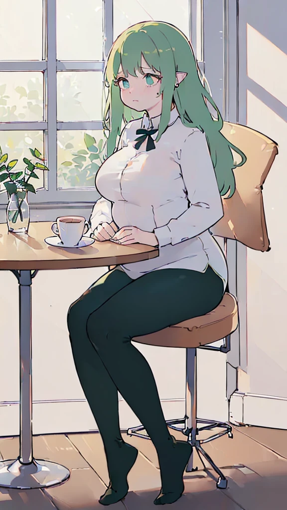 (flat:1.5),(cafe, window, sunlight, table, chair, sedentary:1.5) (BIG ASS, thick thighs:0.7), (warm light source:1.2), intricate details, volumetric lighting, Realism BREAK(masterpiece:1.2), (top quality), 4K, ultra detail, (Dynamic configuration:1.4), Very detailed and colorful details,(rainbow colors:1.2), (shining lights, atmospheric lighting), dreamy, magical, (alone:1.2), intricate details, cheeky expression, (big breasts:1.5), (green eyes:1.5), (a devastated expression, dead eyes, dark atmosphere:1.5), (Green long hair:1.5), (Black leggings, dress shirt:1.5), (chubby, Belly Fat:1.1), (beautiful eyes, flushing:1.5),(human ear,thin legs:1.5),(chair에 sedentary, diagonal shot:1.5), (embarrassing:1.5),(diagonal shot:1.5)