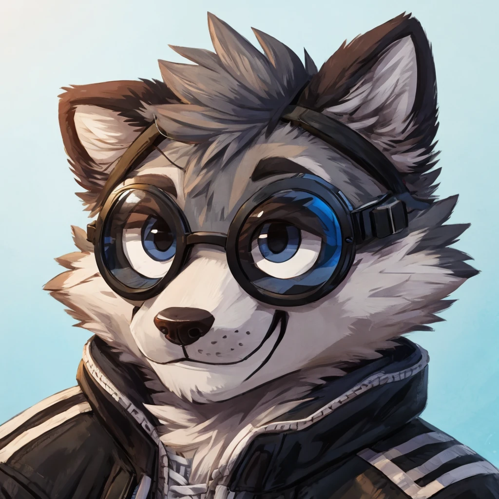 headshot of a grey fur anthropomorphic raccoon, closed smile, he has a round type of reading googles, a black with white laces jacket, high quality furry art, high quality fursona ref.