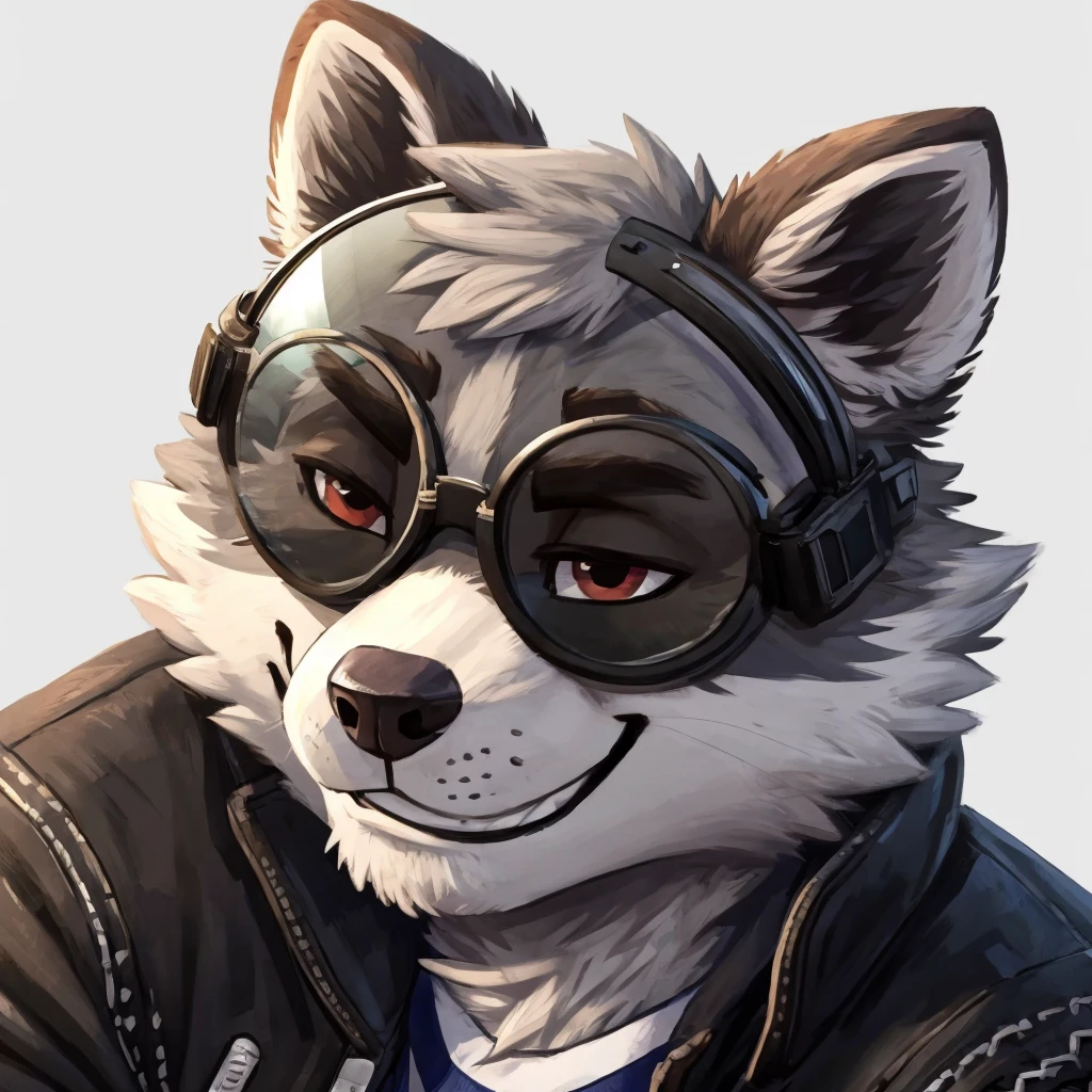 headshot of a grey fur anthropomorphic raccoon, closed smile, he has a round type of reading googles, a black with white laces jacket, high quality furry art, high quality fursona ref.