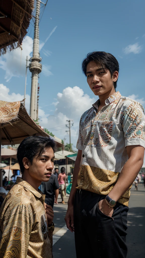 Create 24 years old, a young Indonesian man who is full of enthusiasm and authority, wearing modern clothes with traditional touches such as a batik shirt with a broken machete motif and black trousers. He stood in the middle of a busy metropolis, in front of a backdrop of towering skyscrapers. Beside him, stood an Indonesian Muslim woman wearing a plain hijab with the same color as the young man's batik motif. This woman has a warm smile and sharp gaze that shows her intelligence and elegance. The two of them were seen talking enthusiastically, reflecting togetherness and harmony in Indonesia's cultural diversity. The background shows a bustling city with a variety of people and different cultures, from office workers to street vendors. You can also see typical Indonesian elements such as food carts and decorative street lights. The clear sky with floating white clouds adds an optimistic and cheerful feel to the picture. "These two figures reflect the passion and determination to achieve their goals in building a better future, while maintaining Indonesia's traditional values and diversity."