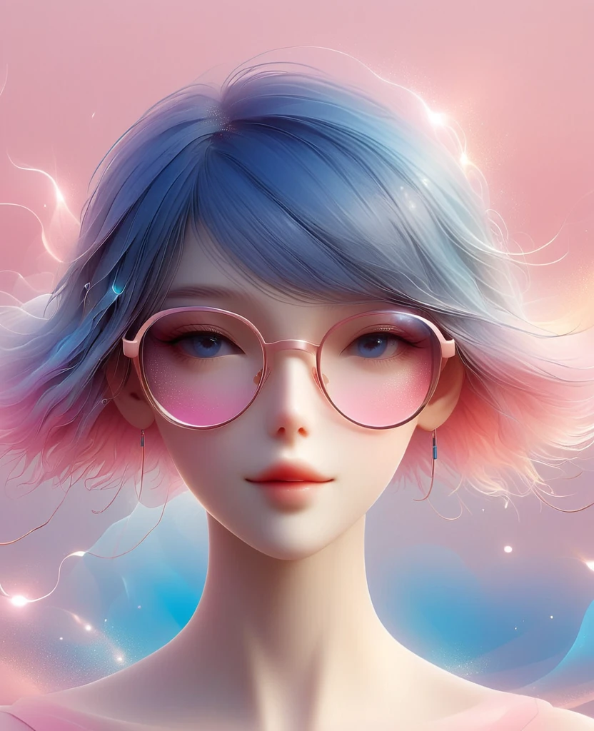 3D illustration of upper body and face of artificial intelligence model wearing futuristic glasses, Stylish glasses with tassels,Gradient background, Pastel color palette, pink blue, Simplicity, cold metallic textures, Surrealism,