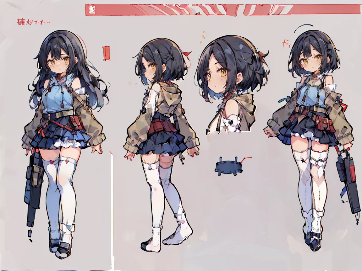 (((three-sided view, front view, side view, back view, multiple views, multiple poses and expressions, many parts)), concept art, character concept art, character sheet, Full body, illustration, (simple background, gray background), 1 character, 1girl, fantasy art:1.1), (hui xiyi:0.7), rekkyo sensen, rekkyou sensen, girls with((black hair, bangs, (one side up, long wavy hair, ribbon:1.55), perfect hands, perfect fingers, (exposed breasts, tits cleavage, breasts close up:1.2), dress((suspenders, dress, belt, nun:1.15), (blue clothes, (frills shirt, khaki hoodies, long sleeves:1.53), no sleeves, sleeveless, off shoulder sleeves, frills dress, frills skirt, wind blowing dress, long sleeves, (white legwear:1.55), thighhighs, (single thighhighs, single legwear:1.56), black footwear, strap shoes:1.42))