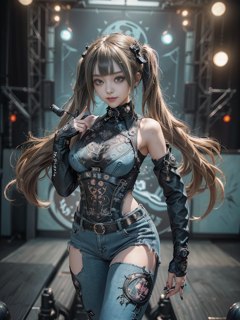 (Full Body View:1.4)、(Full body:1.3)、(Smiling with teeth showing:1.4),(Shibuya Gal:1.5)、(Gothic Lolita style fashion:1.5)、(Punk RockVisual Kei:1.5)、(Wearing a rhythmic gymnastics bodysuit with intricate details:1.4)、(Racing suit and pants with intricate turquoise, denim and charcoal decorations:1.5)、(Denim and light blue and turquoise boots:1.3)、((belt))、(Numerous delicate logo marks all over the costume:1.4)、(collar:1.3)、(Polka dot underwear:1.5)、20-year-old、NSFW、((Highest quality、In 8K、masterpiece:1.3))、Sharp focus:1.2、(Layered Cut、Huge boobs:1.1),Beautiful woman with perfect figure:1.4、(do a gravure pose:1.3)、Slender Abs:1.2、Highly detailed face and skin texture、Detailed eyes、double eyelid,(Twin tails:1.3)、(Brown-golden hair:1.3)、Gravure idol、(The background is the stage of the fashion show:1.3)、(Slim body:1.3),(Make your legs thinner:1.4),（clavicle:1.1）