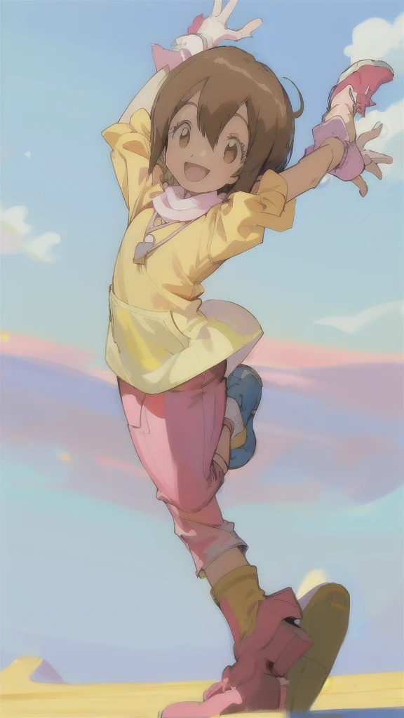 Top quality, masterpiece, high resolution, details, Top quality, masterpiece, high resolution, details, perfect anat○my, (cute girl), smiling, arms behind her back, HikariDigi, open mouth, yellow sleveless shirt, pink pants, rubber boots, shoes, sky, solo,Background is blue sky, upper body、Kindergartener, 