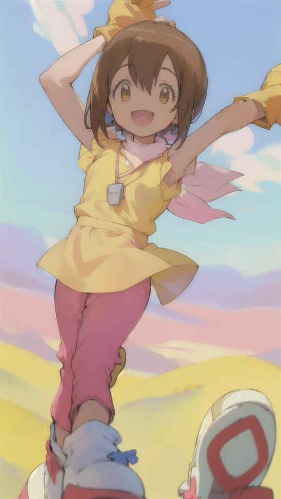 Top quality, masterpiece, high resolution, details, Top quality, masterpiece, high resolution, details, perfect anat○my, (cute girl), smiling, arms behind her back, HikariDigi, open mouth, yellow sleveless shirt, pink pants, rubber boots, shoes, sky, solo,Background is blue sky, upper body、ergartener, 