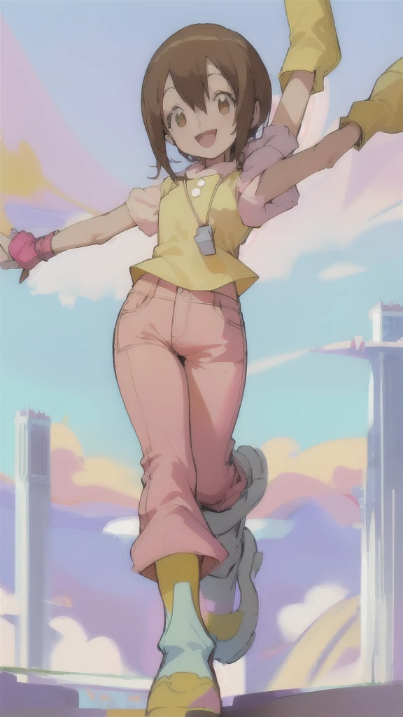 Top quality, masterpiece, high resolution, details, Top quality, masterpiece, high resolution, details, perfect anat○my, (cute girl), smiling, arms behind her back, HikariDigi, open mouth, yellow sleveless shirt, pink pants, rubber boots, shoes, sky, solo,Background is blue sky, upper body、Kindergartener, 