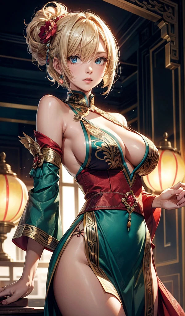 Please follow all prompts below exactly and faithfully. This is a breathtaking masterpiece of digital illustration, with maximum resolution, UHD, 512K, 2160p, 10 million ppi, 300 million dpi, natural color tones, ultra sharp details, perfect outlines with contrast, **most realistic skin and hair textures**, most beautiful detailed eye features, perfect anatomically correct human body, beautiful background with depth, rule of thirds, depth of field, Maximize all element is used to its full potential to create the best digital illustrations, A very sexy and elegant woman with a perfect body style, a beautiful sharp face, slim figure, gravity-defying large breasts, beautiful green eyes, (shiny blonde shaggy cut short hair covering one eye), glossy, sensual, Chinese dance costume with vibrant colors and intricate patterns, featuring a flared skirt, embroidered peony designs, copper accents, long organza sleeves, traditional wave motifs, elegant draping, colorful sashes, ornate headpiece, delicate lace, shimmering sequins, layered textures, and graceful silhouette.