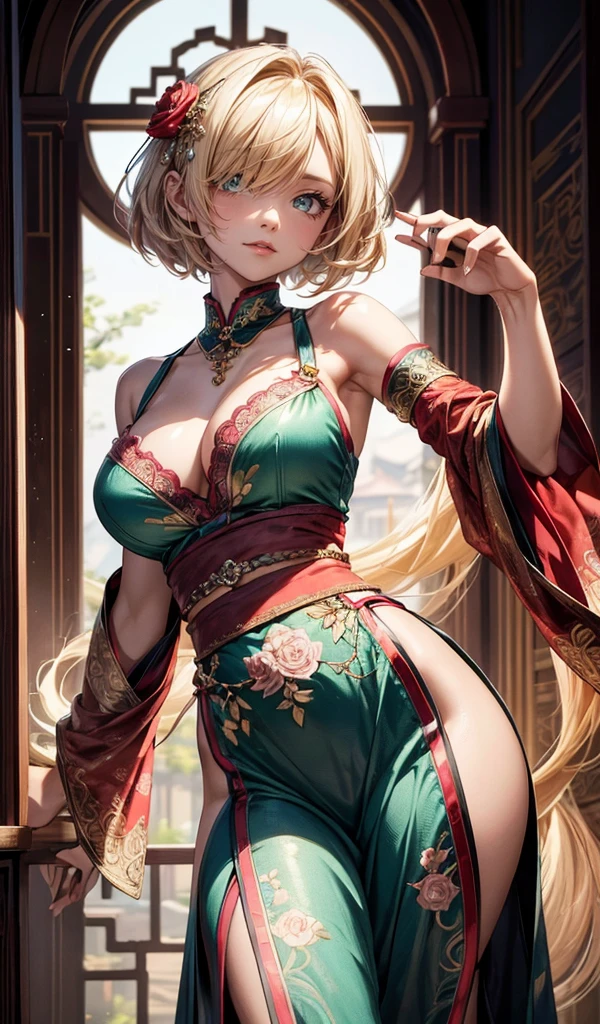 Please follow all prompts below exactly and faithfully. This is a breathtaking masterpiece of digital illustration, with maximum resolution, UHD, 512K, 2160p, 10 million ppi, 300 million dpi, natural color tones, ultra sharp details, perfect outlines with contrast, **most realistic skin and hair textures**, most beautiful detailed eye features, perfect anatomically correct human body, beautiful background with depth, rule of thirds, depth of field, Maximize all element is used to its full potential to create the best digital illustrations, A very sexy and elegant woman with a perfect body style, a beautiful sharp face, slim figure, gravity-defying large breasts, beautiful green eyes, (shiny blonde shaggy cut short hair covering one eye), glossy, sensual, Chinese dance costume with vibrant colors and intricate patterns, featuring a flared skirt, embroidered peony designs, copper accents, long organza sleeves, traditional wave motifs, elegant draping, colorful sashes, ornate headpiece, delicate lace, shimmering sequins, layered textures, and graceful silhouette.