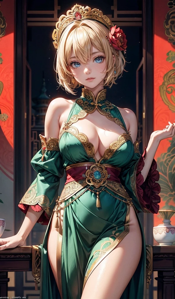 Please follow all prompts below exactly and faithfully. This is a breathtaking masterpiece of digital illustration, with maximum resolution, UHD, 512K, 2160p, 10 million ppi, 300 million dpi, natural color tones, ultra sharp details, perfect outlines with contrast, **most realistic skin and hair textures**, most beautiful detailed eye features, perfect anatomically correct human body, beautiful background with depth, rule of thirds, depth of field, Maximize all element is used to its full potential to create the best digital illustrations, A very sexy and elegant woman with a perfect body style, a beautiful sharp face, slim figure, gravity-defying large breasts, beautiful green eyes, (shiny blonde shaggy cut short hair covering one eye), glossy, sensual, Chinese dance costume with vibrant colors and intricate patterns, featuring a flared skirt, embroidered peony designs, copper accents, long organza sleeves, traditional wave motifs, elegant draping, colorful sashes, ornate headpiece, delicate lace, shimmering sequins, layered textures, and graceful silhouette.