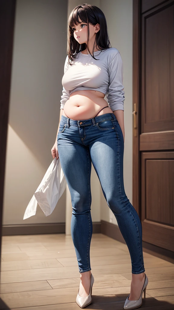 Bloated belly, girl, standing, jeans going over her hipps