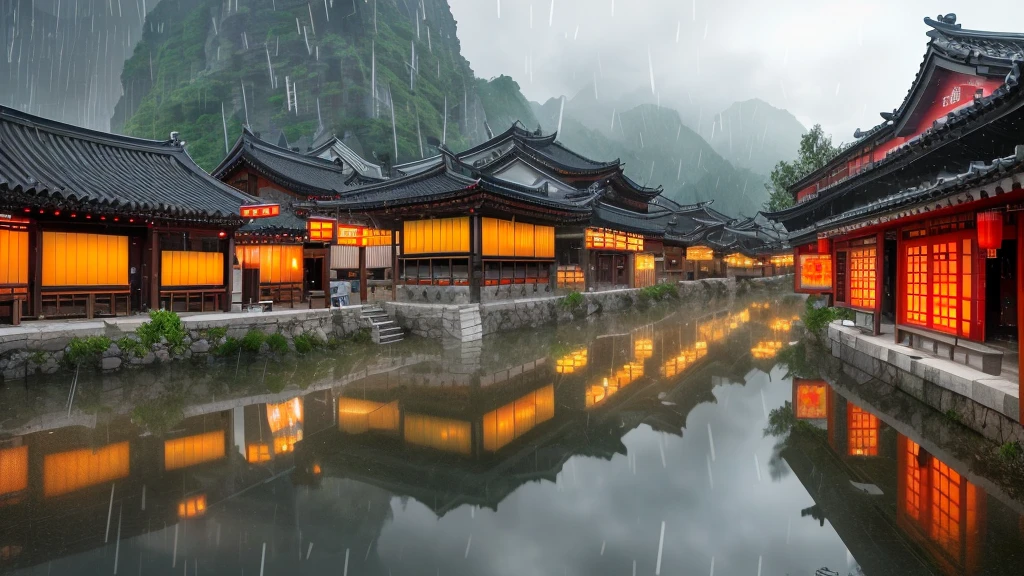 arafed view of a village with a lot of lights on the buildings, dreamy chinese town, chinese village, amazing wallpaper, japanese town, japanese village, hyper realistic photo of a town, old asian village, japanese city, by Raymond Han, rainy evening, cyberpunk chinese ancient castle, beautifully lit buildings, at evening during rain, beautiful and aesthetic, photography, cinematic, 8k, high detailed ((Heavy rain)))