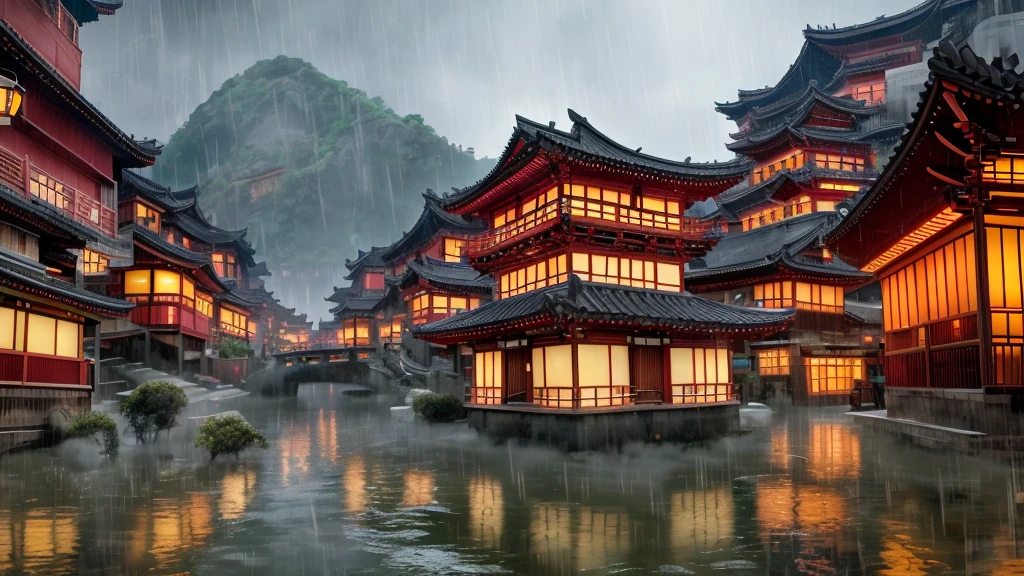 arafed view of a village with a lot of lights on the buildings, dreamy chinese town, chinese village, amazing wallpaper, japanese town, japanese village, hyper realistic photo of a town, old asian village, japanese city, by Raymond Han, rainy evening, cyberpunk chinese ancient castle, beautifully lit buildings, at evening during rain, beautiful and aesthetic, photography, cinematic, 8k, high detailed ((Heavy rain)))