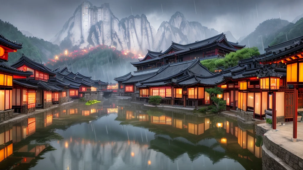arafed view of a village with a lot of lights on the buildings, dreamy chinese town, chinese village, amazing wallpaper, japanese town, japanese village, hyper realistic photo of a town, old asian village, japanese city, by Raymond Han, rainy evening, cyberpunk chinese ancient castle, beautifully lit buildings, at evening during rain, beautiful and aesthetic, photography, cinematic, 8k, high detailed ((Heavy rain)))