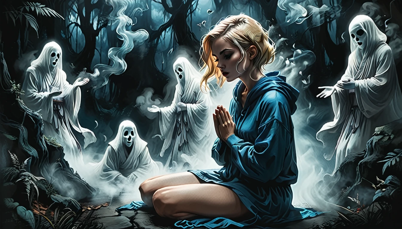  open mouth,  (blonde girl with blue eyes in blue hoodie look at the side) ghost Buddhist monk knees praying,hands folded in a gesture of supplication, Short blonde Waves pixie hair, snub nose, Full nude Lips, many ghosts monks on background, without faces, shadows, night, jungle, smoke, fog, graphic style of novel comics, perfect hands, 2d, 8k, hyperrealism, masterpiece, high resolution, best quality, ultra-detailed, super realistic, Hyperrealistic art, high-quality, ultra high res, highest detailed, lot of details, Extremely high-resolution details, incredibly lifelike, colourful, soft cinematic light,