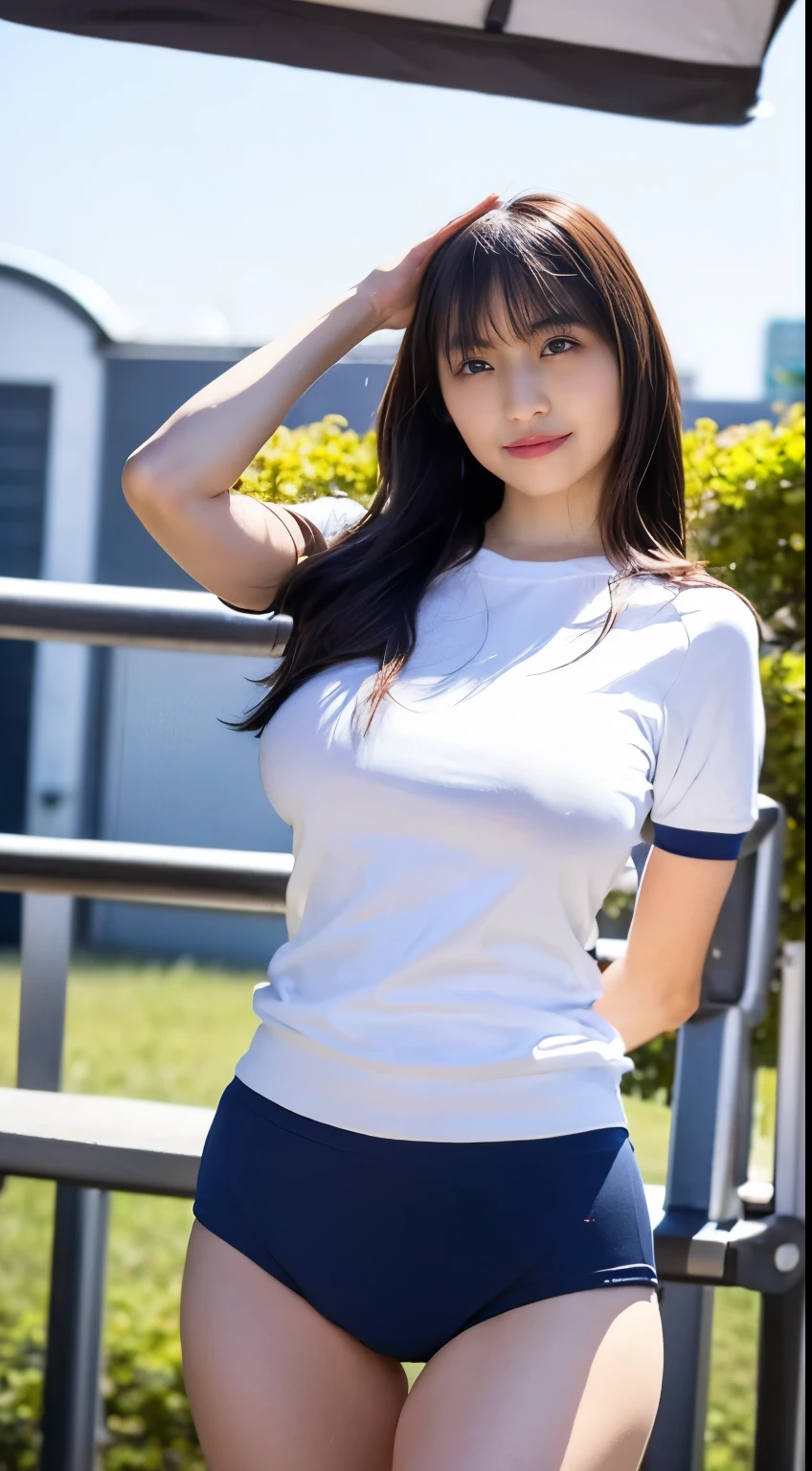 Head to knee portrait、alone、high school girl、White skin、Natural Makeup、Black Hair、bangs、Straight Long Hair、((School-designated gym clothes))、((The upper body is a white short-sleeved gym uniform))、((Long white gym clothes))、(((Very tight bloomerid rise bloomers)))、(((Navy Bloomers)))、(((Tuck the bottom of your gym clothes into your bloomers)))、Big Breasts、Big Ass、(((Schoolyard)))、((Realistic fingers))、((Perfect Style))、((Realistic body shape))
