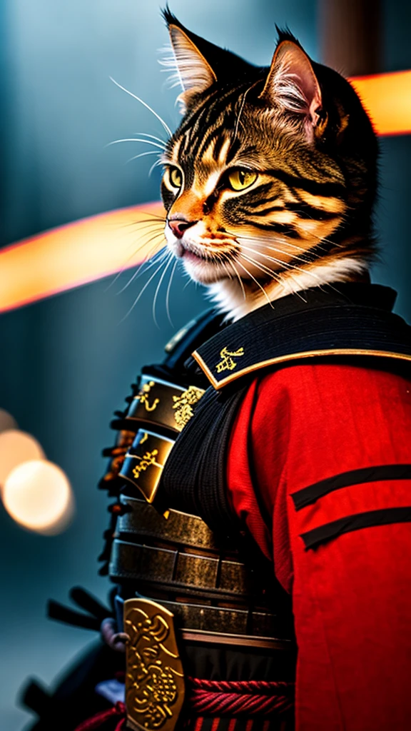 a cat, ((samurai outfit)), epic scene, dynamic camera, backlight, (close up:1.2), high quality photography, 3 point lighting, flash with softbox, 4k, Canon EOS R3, hdr, smooth, sharp focus, high resolution, award winning photo, 80mm, f2.8, bokeh