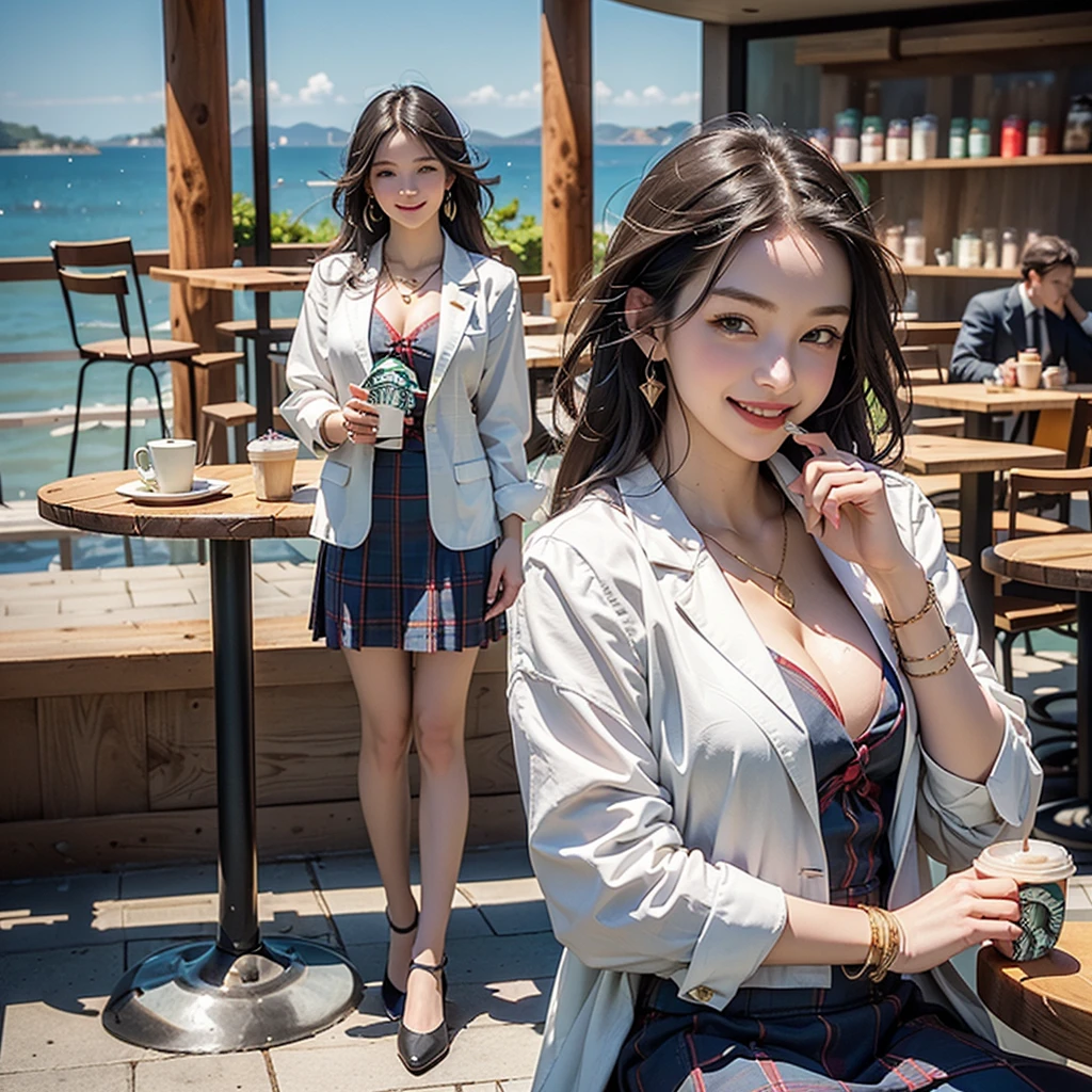 8K、RAW Photos、Highest quality、Super detailed、Super Resolution、Ultra HD、8K壁紙、Amazing details blazer uniform girl ((White blouse with formal collar, Blue Blazer,
Red Check Skirt, Red checkered ribbon on blouse)), Complete limbs, Full Finger,
(((((Starbucks)))))、(((((Cafe table with ocean view)))))(( old female student))、(((((Eat cake、Drink coffee、smile)))))、(((Heart Necklace、Gold bracelet)))
(((Emphasize cleavage)))
((((Full body photo、The whole body is visible、Full body portrait))))