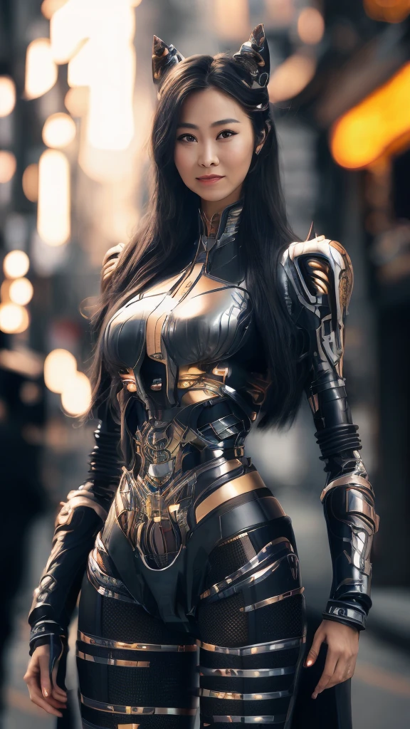 . Transformers, in the style of batman and hr giger, Mecha combined with flesh sexy Asian woman, cyberpunk, full body, standing in town, hairstyle long hair, smile, cute face, intricate artwork masterpiece,
golden ratio, trending on cgsociety, intricate, epic, trending on artstation, 
unreal engine, 8k, hdr ultra details, natural light, light background, photo, Studio lighting cinematic shot + dynamic composition, incredibly detailed, sharpen, details + intricate detail + professional lighting, film lighting + 35mm + anamorphic + lightroom + cinematography + bokeh + lens flare + film grain