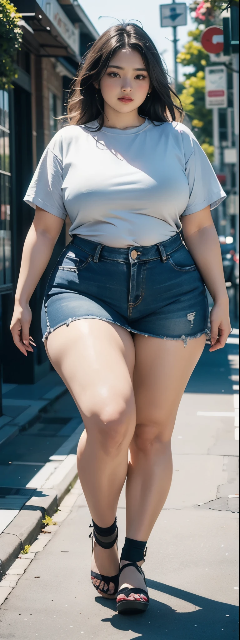 ((best quality)), ((masterpiece)), (detailed), malay woman, perfect face, araffe woman in a dark-blue shirt and blue denim skirt walking down a street, thicc, she has a jiggly fat round belly, bbwchan, wearing tight simple clothes, skinny waist and thick hips, widest hips, her belly is fat and round, soft curvy shape, hyperrealistic full figure, wearing a cute top, wide hips