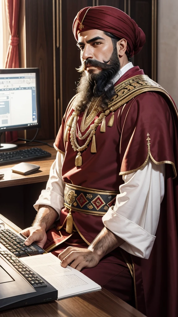 An illustration of Kheireddine Pacha, a male historical figure from Tunisia, with a strong jawline, light to medium complexion, deep-set dark eyes, a prominent nose, and a well-groomed beard and mustache. He wears a traditional red chechia and Grand Vizier robes, seated at a modern desk coding on a computer, blending traditional Tunisian decor with contemporary office elements.