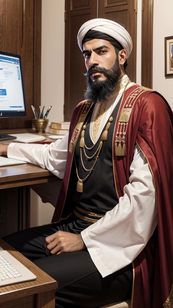 An illustration of Kheireddine Pacha, a male historical figure from Tunisia, with a strong jawline, light to medium complexion, deep-set dark eyes, a prominent nose, and a well-groomed beard and mustache. He wears a traditional red chechia and Grand Vizier robes, seated at a modern desk coding on a computer, blending traditional Tunisian decor with contemporary office elements.