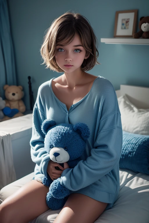 1 girl, short hair with blue highlights, standing alone, blue colored eyes, Fair Skin, perfectbody, sitting on a bed, holding a teddy bear, cute pajamas, Stylish room, hyper- realism, high resolution