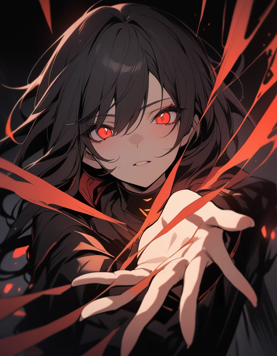 Black hair anime sister, Scarlet glowing eyes Arknights, , Outstretched Hand, Upper body close-up, angle, shorten, dark, dark background, masterpiece, best quality