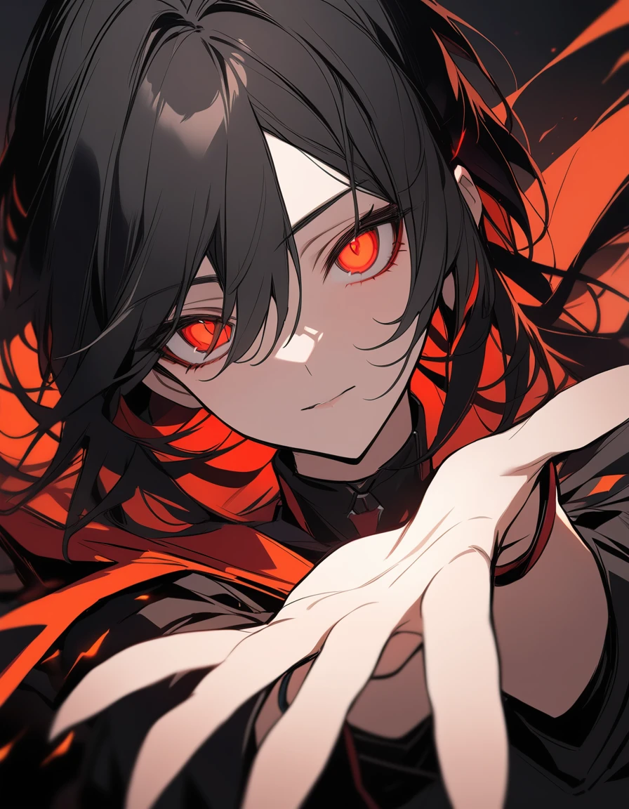 Black hair anime sister, Scarlet glowing eyes Arknights, , Outstretched Hand, Upper body close-up, angle, shorten, dark, dark background, masterpiece, best quality