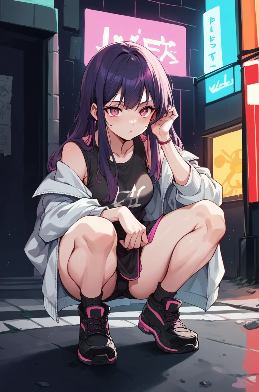 girl,City of night,live house,Alley,Neon Light,Street fashion,Pink tint,squat,Precise depiction,There's a black cat next to me