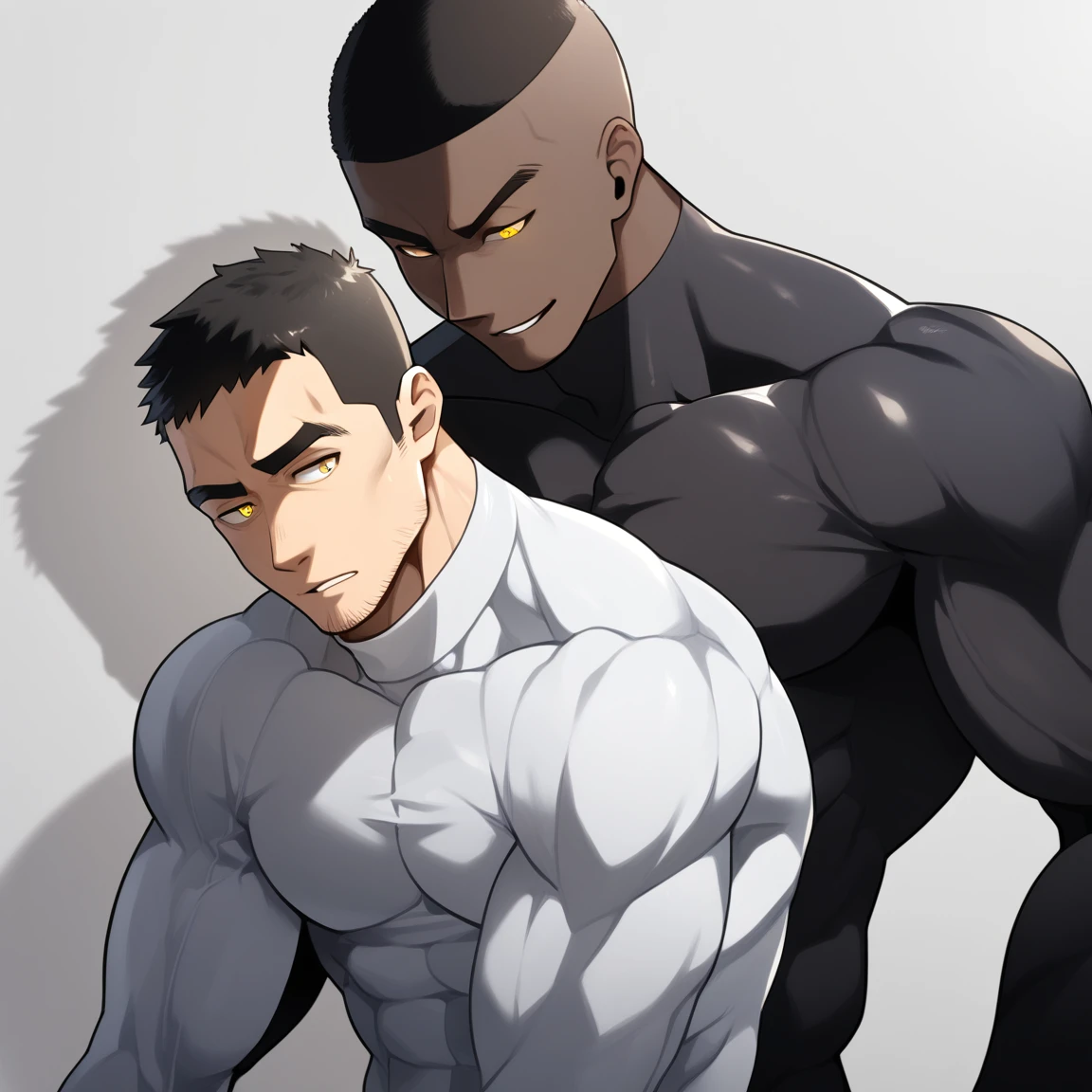 anime characters：Two superheroes in tights, Muscle Sports Student and Muscle No Face No Eyes skinhead superhero, No Face，negro black skin, They hugged and kissed each other, Bite your neck, Caress, Manliness, male focus, Yellow and black high collar long sleeve tight T-shirt, Slightly transparent material, Very tight, Round, full and perky chest muscles, Muscle waist, Slightly transparent, muscular male, muscular, only, Upper body, alone, Black short hair, Thick eyebrows, stubble, Yellow eyes, Grey background, simple background, amazing quality, best aesthetics, Ridiculous, bright pupils, crew cut, parted lips, seductive smile, torogao, naughty face, drop shadow, best quality