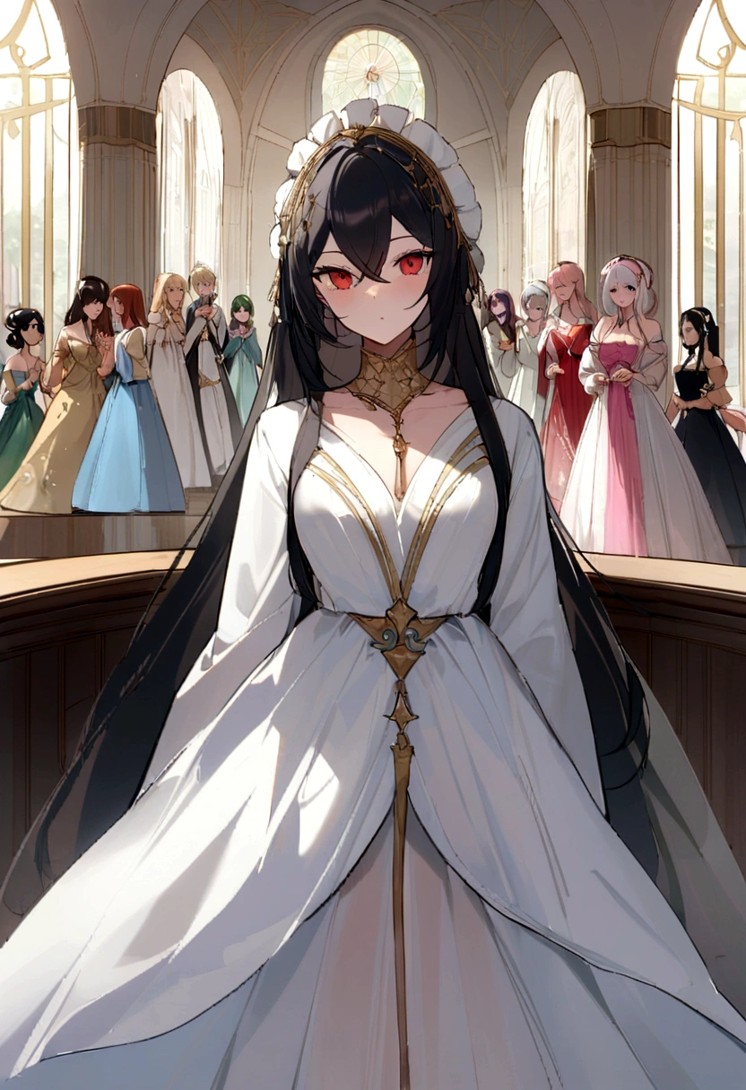 Four beautiful and graceful manhwa princesses dressed in elegant gowns, the four standing at the back seem to be chatting