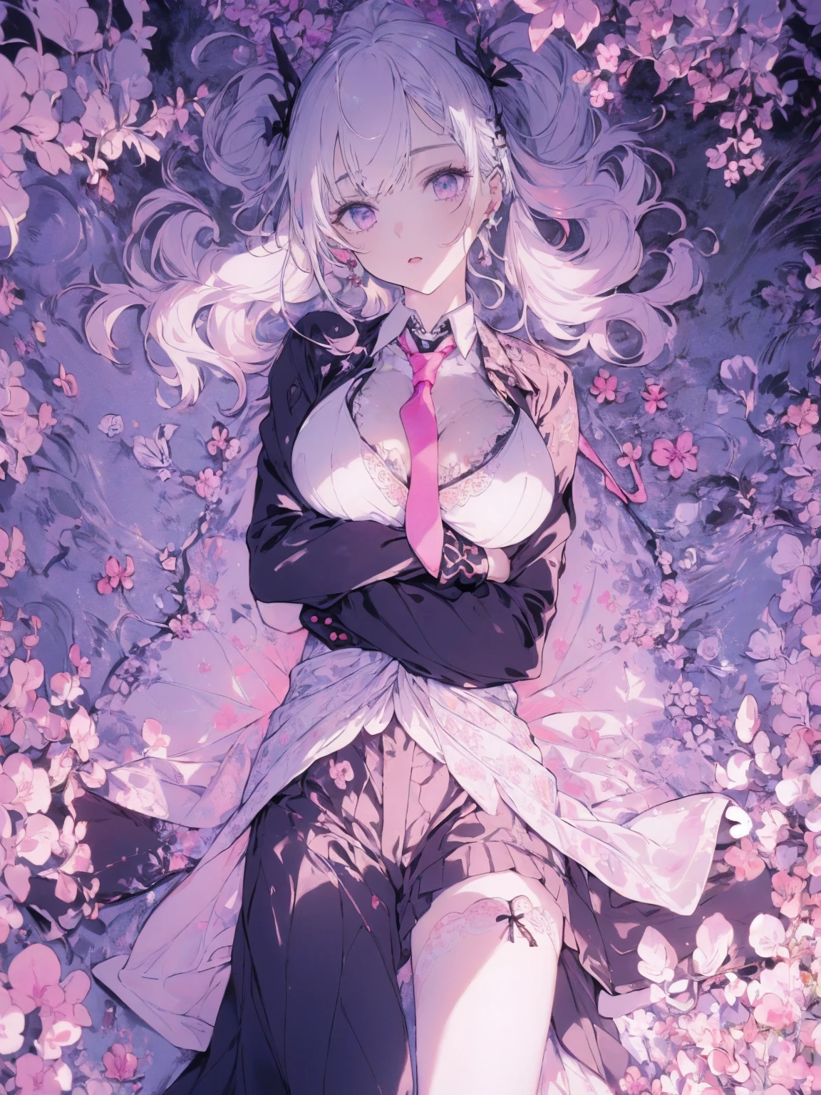 (suits and necktie photo:1.1, in white garden:1.5), Masterpiece, best quality, (very detailed CG unity 8k wallpaper), (best quality), High definition RAW color art, Animation,sculptures, (pink Marble Skin), (((Ultra detailed elegant))), Magical atmosphere, Detailed skin, Texture,(Intricately detailed, Fine detail, ultra-detail art), depth of fields, bokeh, Silky Touch, Hyper Detail, beautiful eyes, Elegant Face, (lying on pastel pink bed), sparkle background, enormous breast:1.3, witchcraft outfit, (silver hair), pastel purple,, muscle, embarrassing red face, wide open udder, twintail