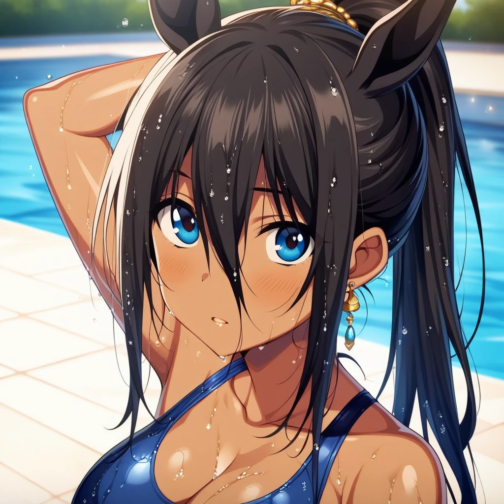 1girl, horosuke, absurdres, official art, absurdres, animal ears, arm up, bare shoulders, black hair, blue eyes, blue one-piece swimsuit, breasts, cleavage, dark-skinned female, dark skin, earrings, hair between eyes, horse ears, horse girl, jewelry, large breasts, long hair, one-piece swimsuit, parted lips, ponytail, pool, simple background, single earring, solo, swimsuit, upper body, water, wet, wet hair, white background, ((very aesthetic, best quality, ultra detailed))